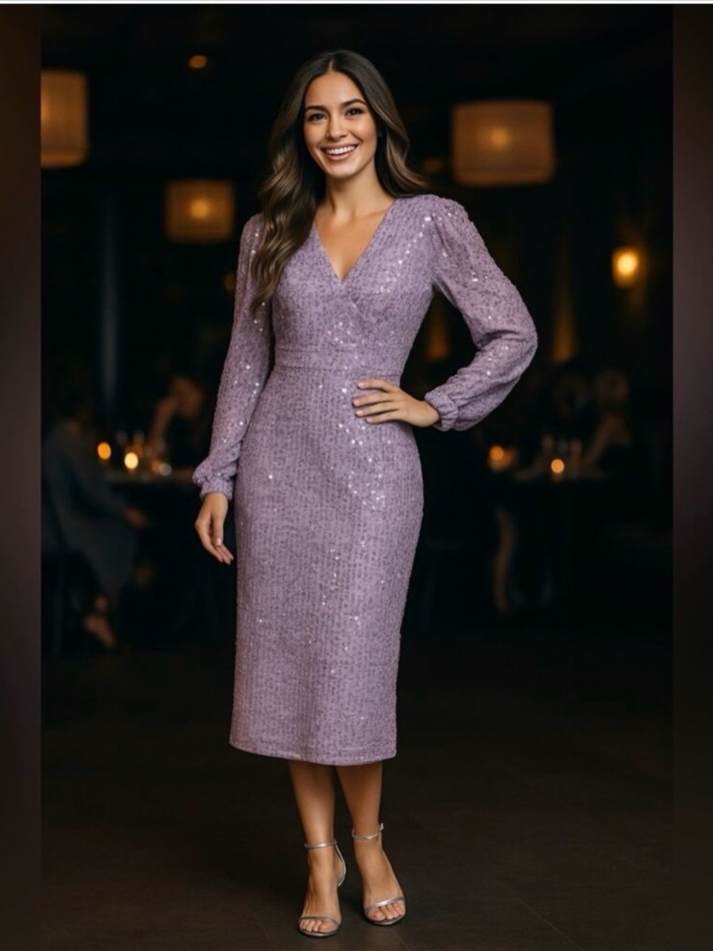NWT Mac Duggal Purple Sequined Puff Sleeve V Neck Midi Lavender 14 - Picture 2 of 16